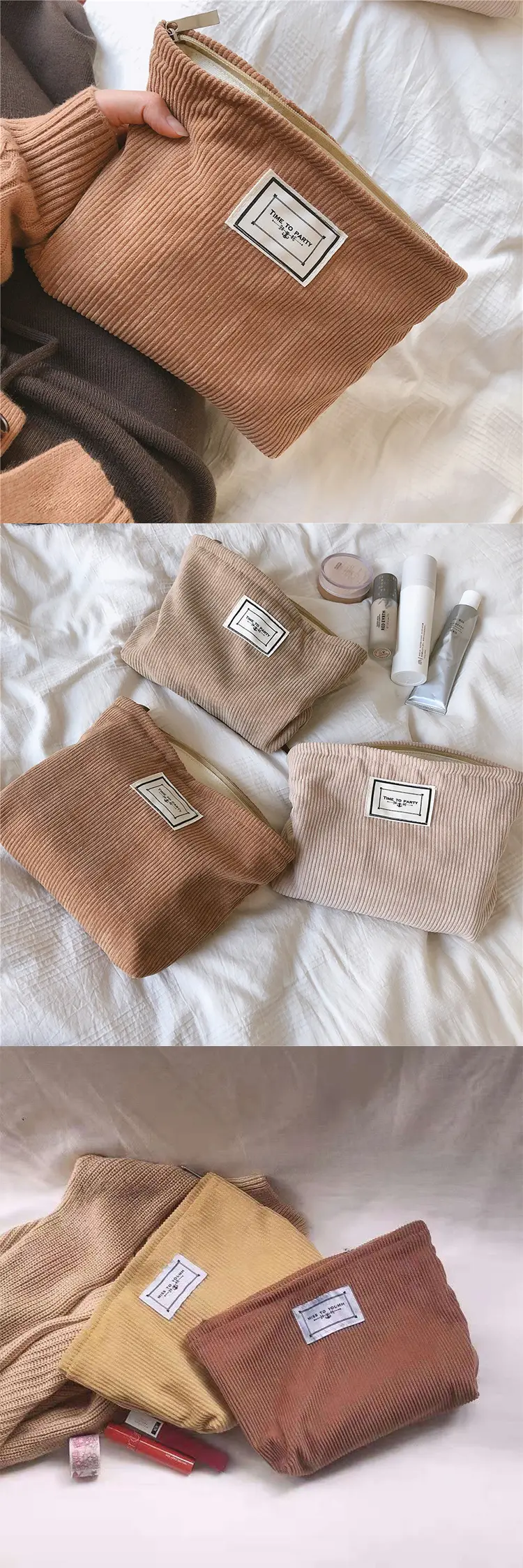 Custom corduroy zipper pouch with high-density embroidery logo for beauty brands